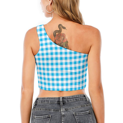 Cyan Blue And White Gingham Print One Shoulder Crop Top