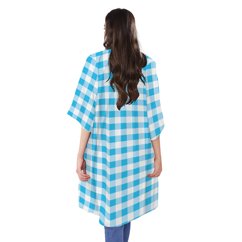 Cyan Blue And White Gingham Print Open Front Beach Cover Up