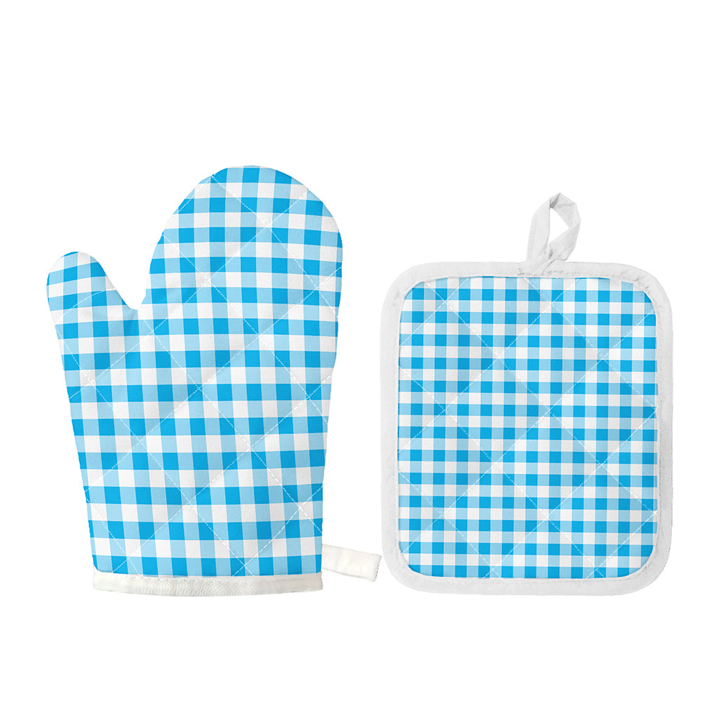 Cyan Blue And White Gingham Print Oven Mitt And Pot Holder Set