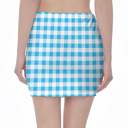 Cyan Blue And White Gingham Print Pencil Mini Skirt