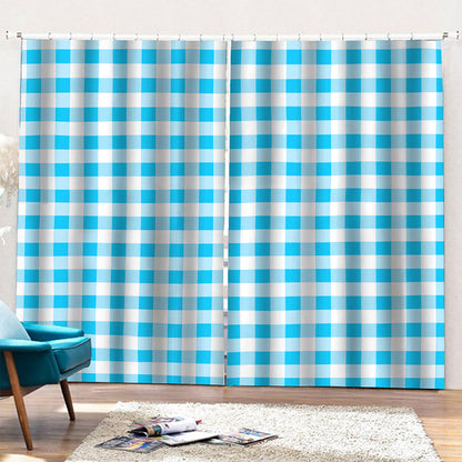 Cyan Blue And White Gingham Print Pencil Pleat Curtains