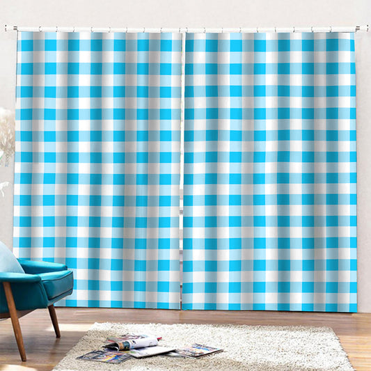 Cyan Blue And White Gingham Print Pencil Pleat Curtains