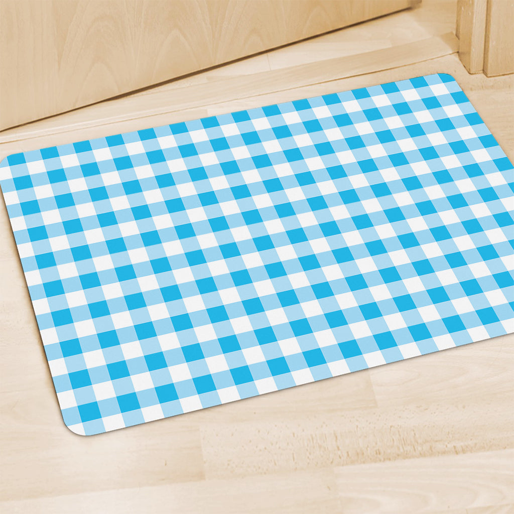 Cyan Blue And White Gingham Print Polyester Doormat