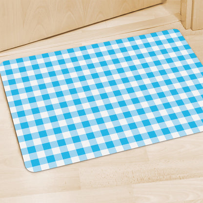 Cyan Blue And White Gingham Print Polyester Doormat