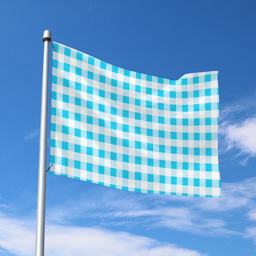 Cyan Blue And White Gingham Print Polyester Flag