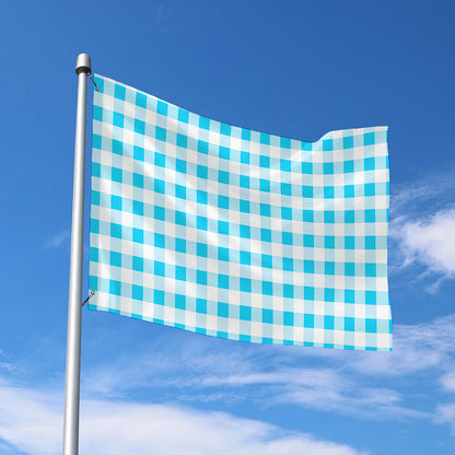 Cyan Blue And White Gingham Print Polyester Flag