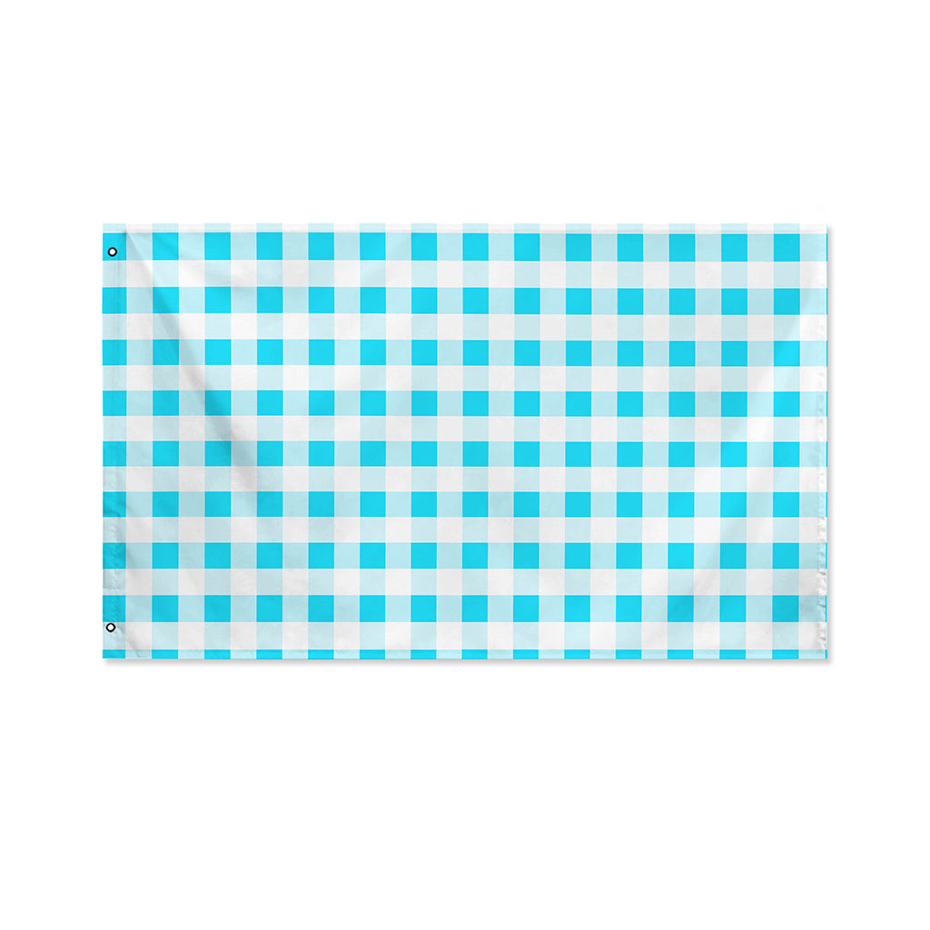 Cyan Blue And White Gingham Print Polyester Flag