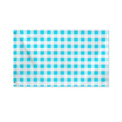 Cyan Blue And White Gingham Print Polyester Flag