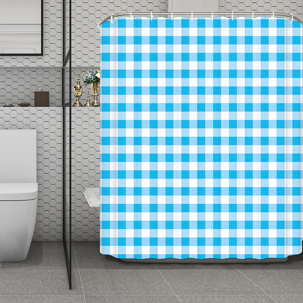 Cyan Blue And White Gingham Print Polyester Shower Curtain