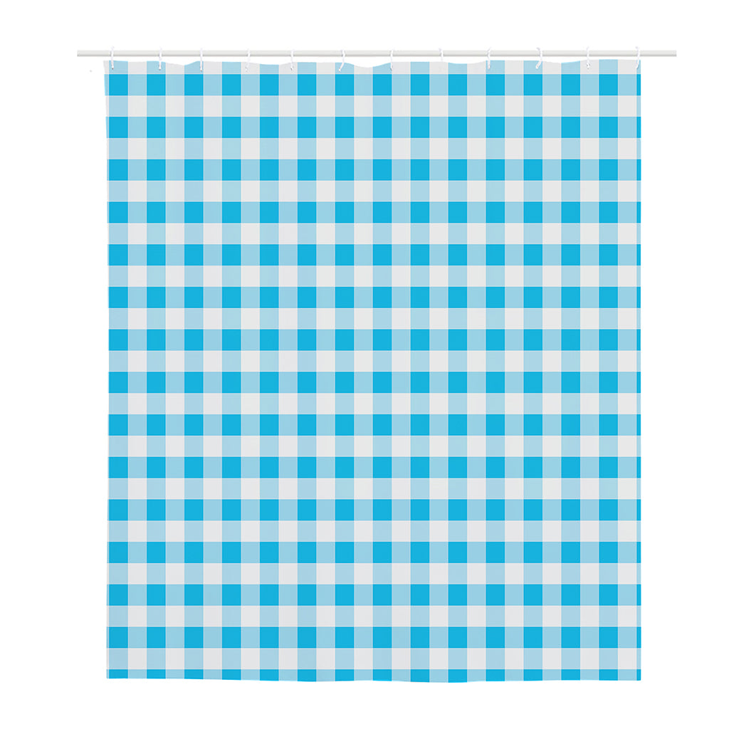 Cyan Blue And White Gingham Print Polyester Shower Curtain