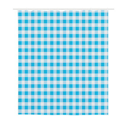 Cyan Blue And White Gingham Print Polyester Shower Curtain