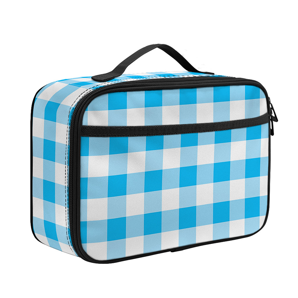 Cyan Blue And White Gingham Print Portable Lunch Bag
