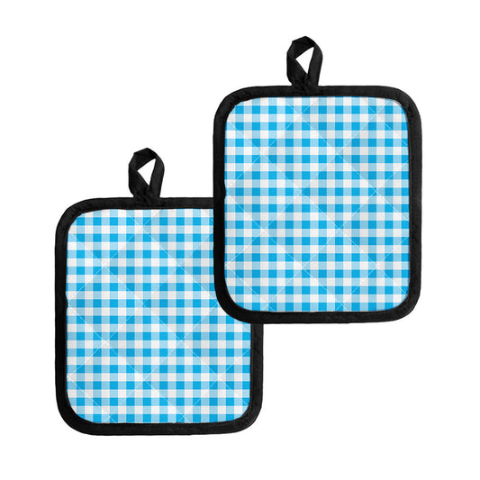 Cyan Blue And White Gingham Print Pot Holders