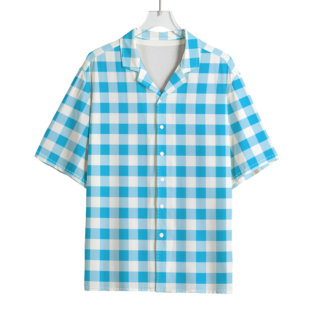 Cyan Blue And White Gingham Print Rayon Hawaiian Shirt