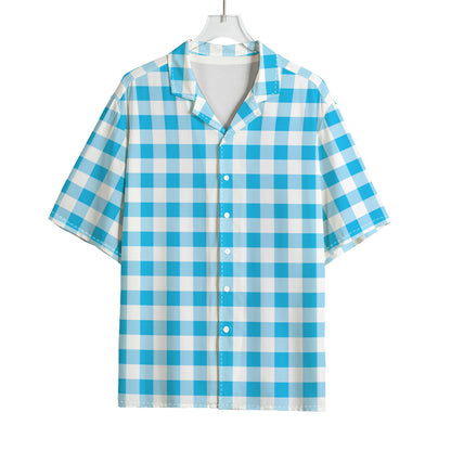 Cyan Blue And White Gingham Print Rayon Hawaiian Shirt