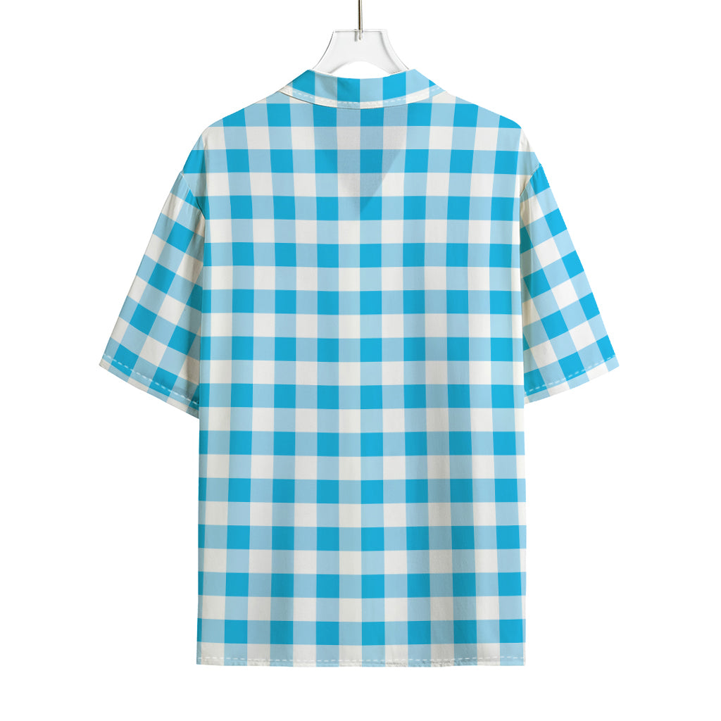 Cyan Blue And White Gingham Print Rayon Hawaiian Shirt