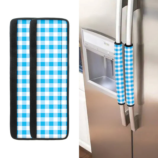 Cyan Blue And White Gingham Print Refrigerator Handle Covers