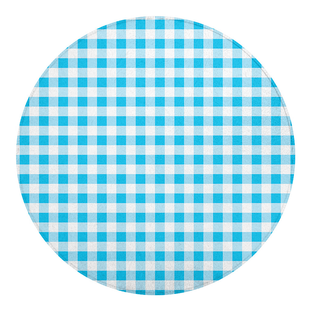 Cyan Blue And White Gingham Print Round Blanket