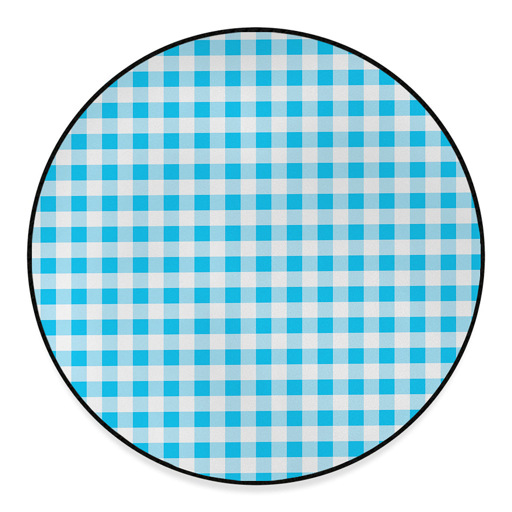 Cyan Blue And White Gingham Print Round Floor Mat