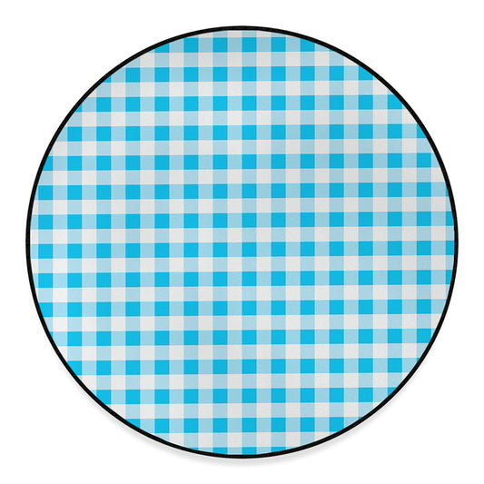 Cyan Blue And White Gingham Print Round Floor Mat