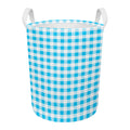 Cyan Blue And White Gingham Print Round Laundry Basket