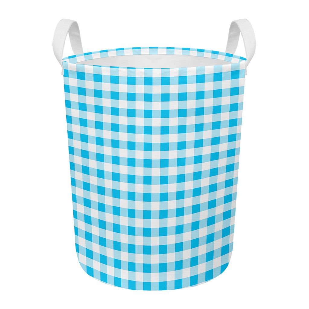 Cyan Blue And White Gingham Print Round Laundry Basket