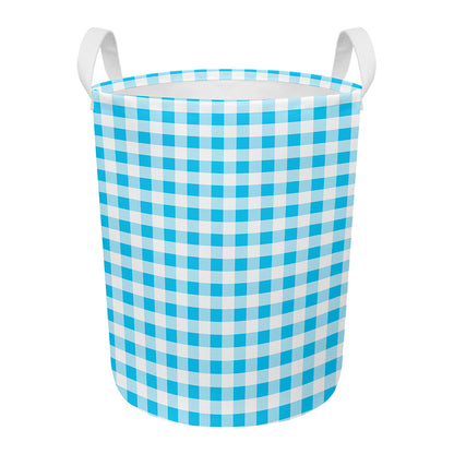 Cyan Blue And White Gingham Print Round Laundry Basket