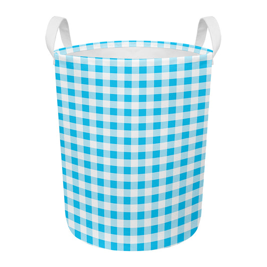 Cyan Blue And White Gingham Print Round Laundry Basket