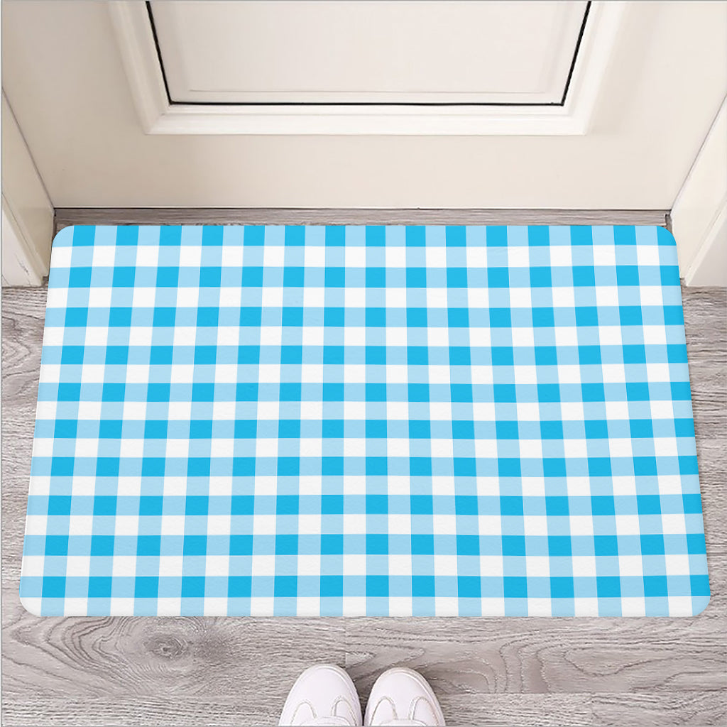 Cyan Blue And White Gingham Print Rubber Doormat