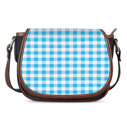 Cyan Blue And White Gingham Print Saddle Bag