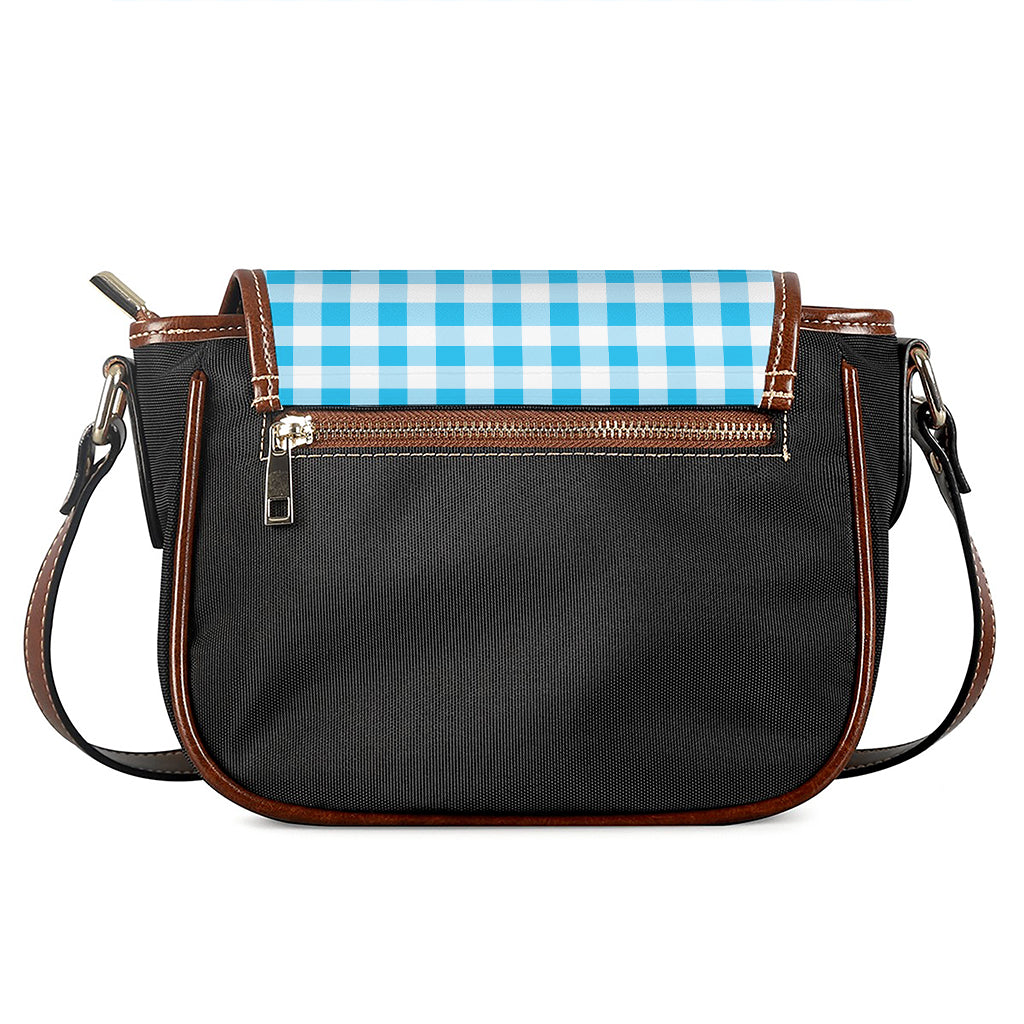 Cyan Blue And White Gingham Print Saddle Bag