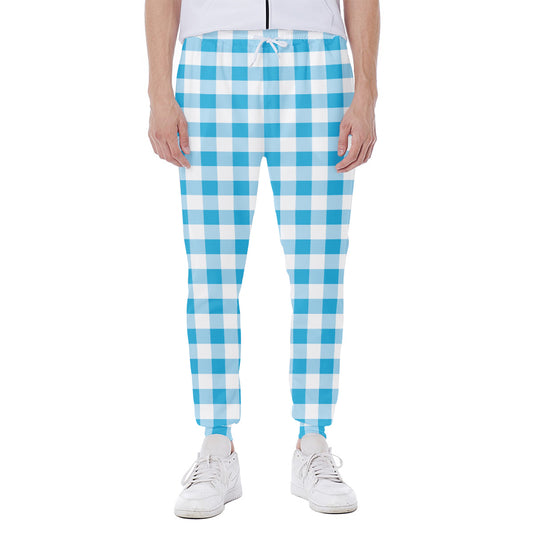 Cyan Blue And White Gingham Print Scuba Joggers