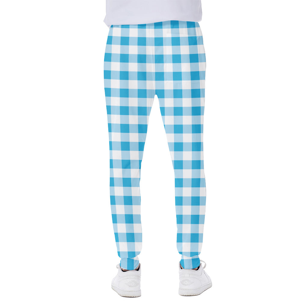 Cyan Blue And White Gingham Print Scuba Joggers