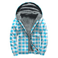 Cyan Blue And White Gingham Print Sherpa Lined Zip Up Hoodie