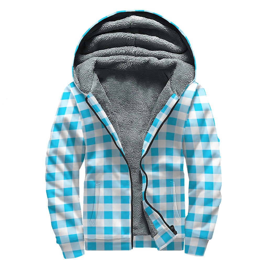 Cyan Blue And White Gingham Print Sherpa Lined Zip Up Hoodie