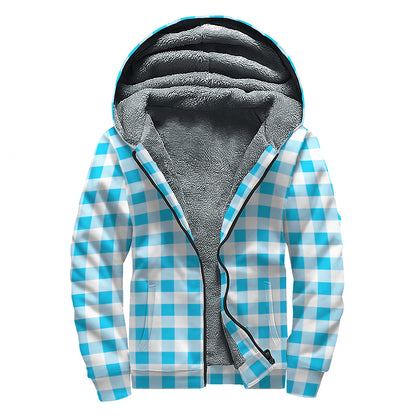 Cyan Blue And White Gingham Print Sherpa Lined Zip Up Hoodie