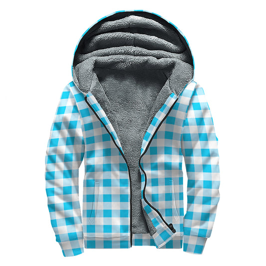 Cyan Blue And White Gingham Print Sherpa Lined Zip Up Hoodie