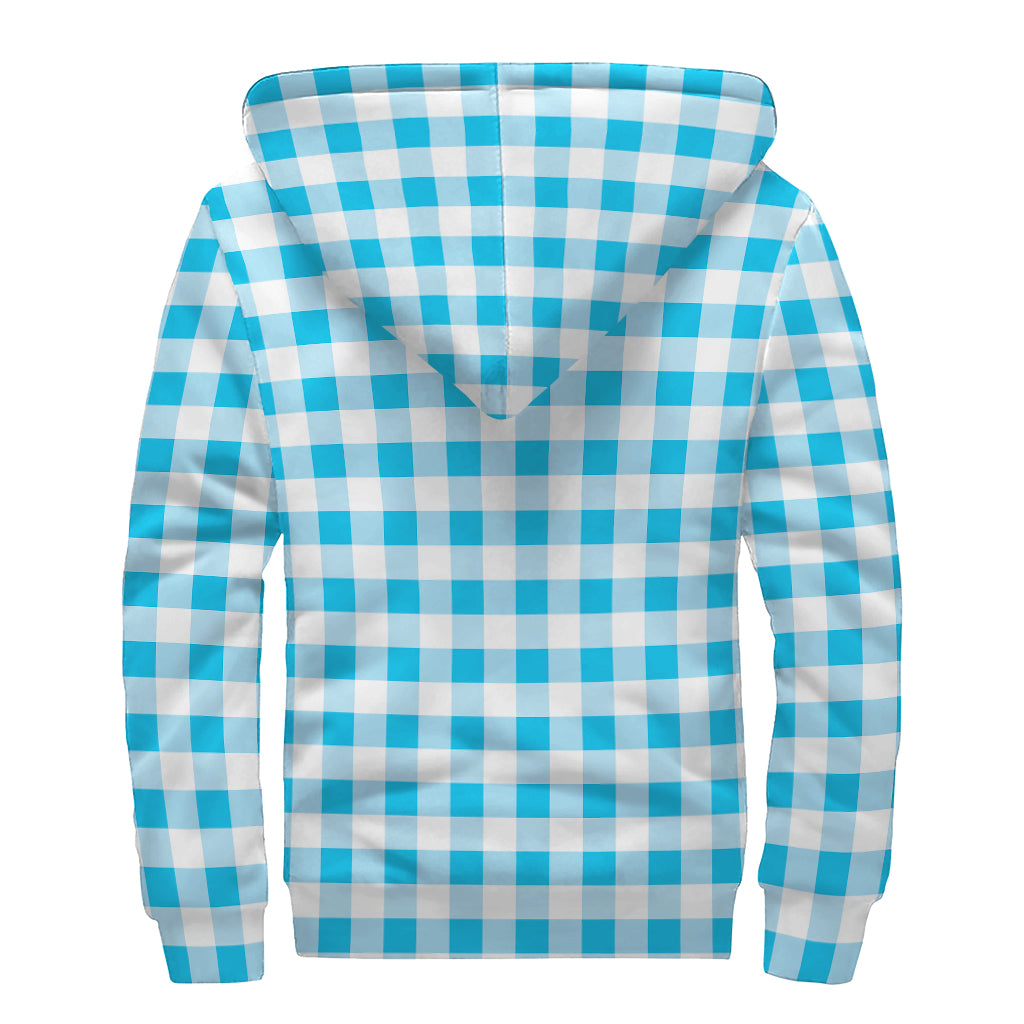 Cyan Blue And White Gingham Print Sherpa Lined Zip Up Hoodie