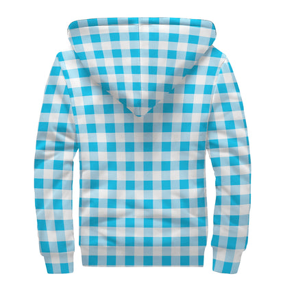 Cyan Blue And White Gingham Print Sherpa Lined Zip Up Hoodie
