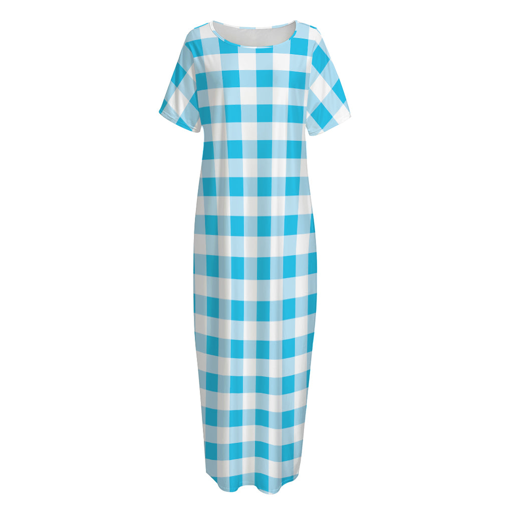 Cyan Blue And White Gingham Print Short Sleeve Long Nightdress