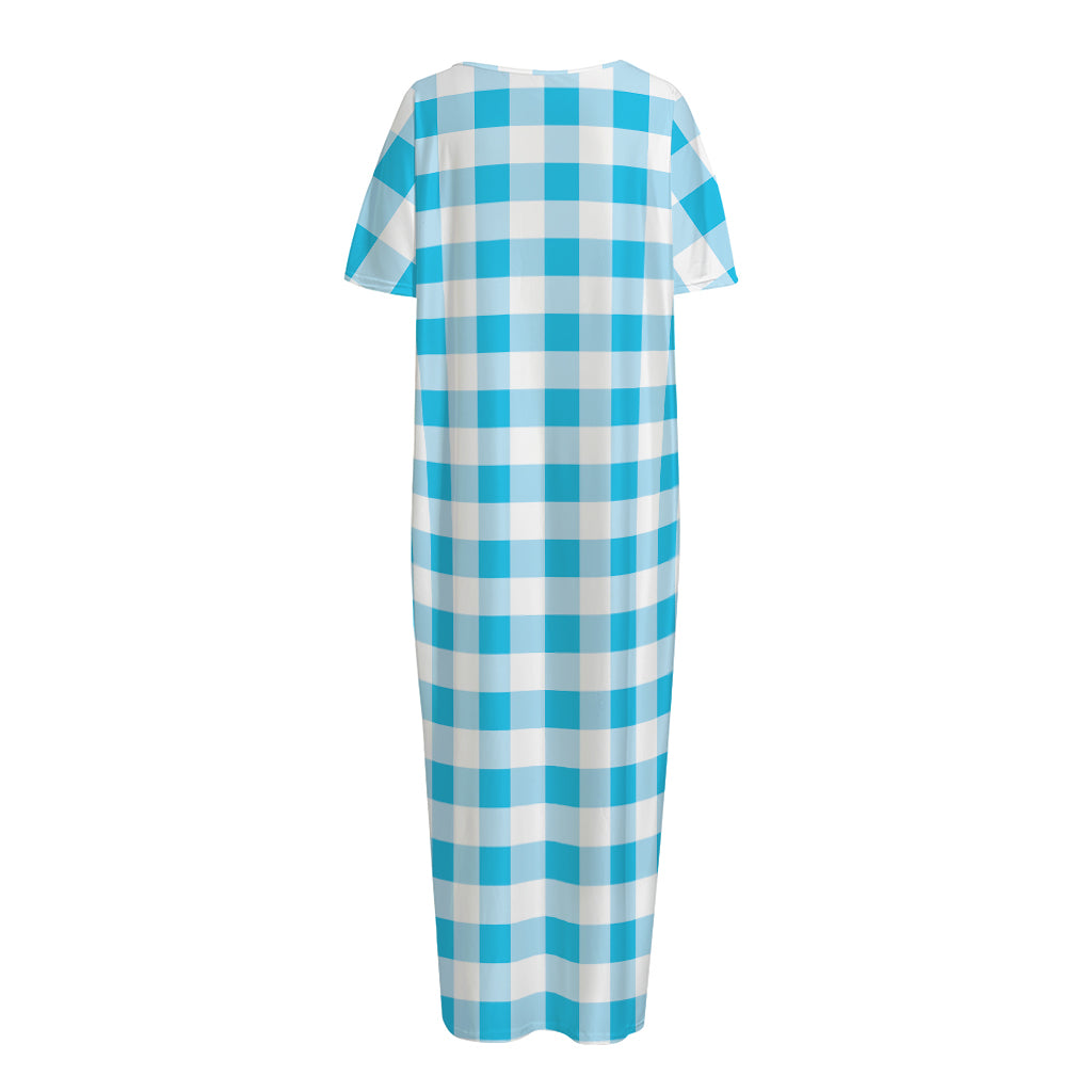 Cyan Blue And White Gingham Print Short Sleeve Long Nightdress