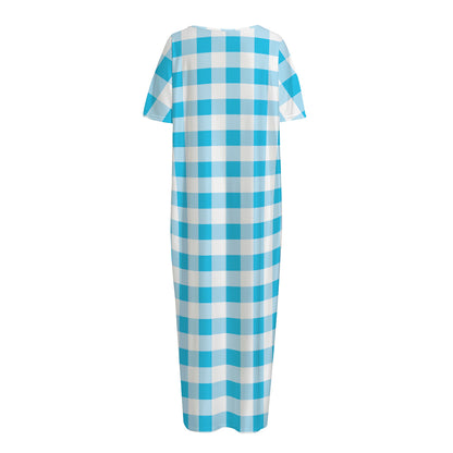Cyan Blue And White Gingham Print Short Sleeve Long Nightdress