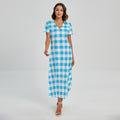 Cyan Blue And White Gingham Print Short Sleeve Maxi Dress