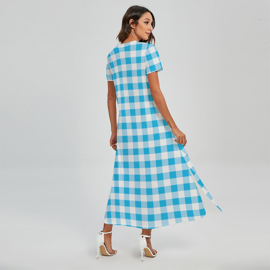 Cyan Blue And White Gingham Print Short Sleeve Maxi Dress