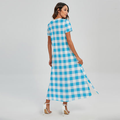 Cyan Blue And White Gingham Print Short Sleeve Maxi Dress