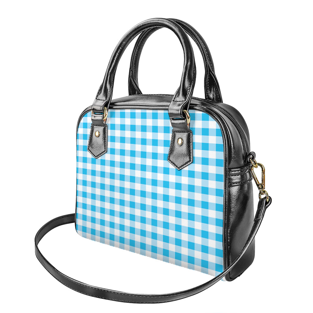 Cyan Blue And White Gingham Print Shoulder Handbag