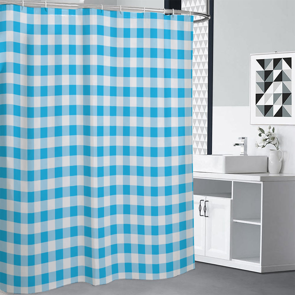 Cyan Blue And White Gingham Print Shower Curtain