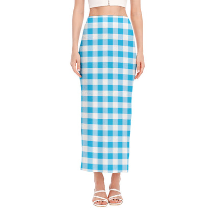 Cyan Blue And White Gingham Print Side Slit Maxi Skirt