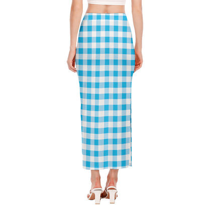 Cyan Blue And White Gingham Print Side Slit Maxi Skirt