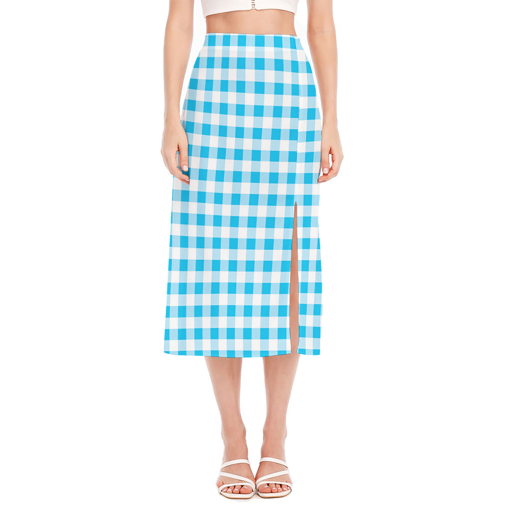 Cyan Blue And White Gingham Print Side Slit Midi Skirt